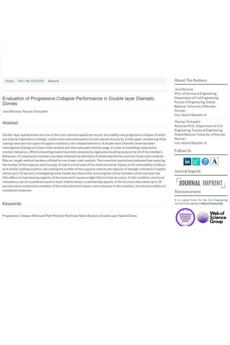  Published Article at Civil Engineering Journal (ISI), Evaluation of Progressive Collapse Performance in Double-layer Diamatic Domes